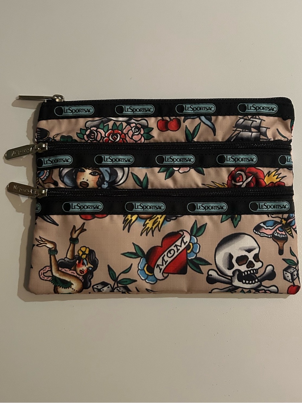 Vintage LeSportsac x Ed Hardy (Christian Audigier) 3-Zip Cosmetic Bag